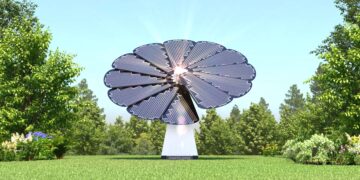 Say goodbye to traditional solar panels - SmartFlower is placed in your garden and produces 40% more energy than fixed panels
