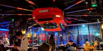 Dining under a Ferrari is possible at this restaurant in China—a Shanghai restaurant has turned a Ferrari F430 into a mechanical clock that dominates the entire premises