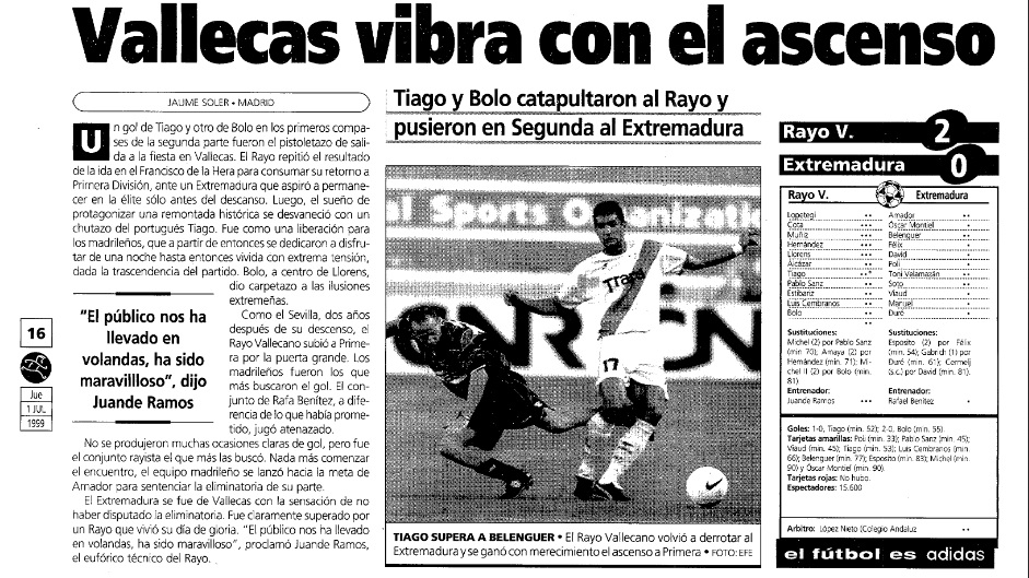 Los ocho ascensos del Rayo Vallecano a Primera División 5 ascenso 1999 extremadura promocion