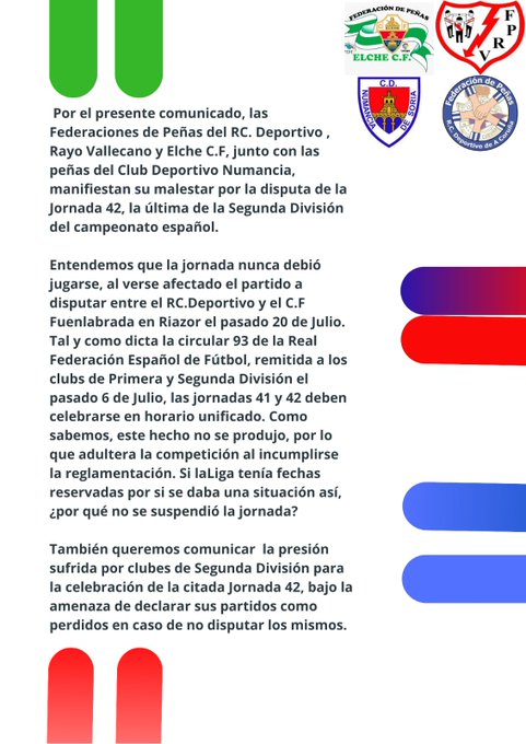 Comunicado conjunto entre las peñas del Numancia, Elche, Rayo y Deportivo 2 Ed85WLhXsAEq7dL