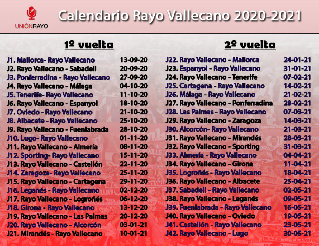Calendario del Rayo Vallecano en LaLiga Smartbank 2020-2021 2 Calendario Rayo 20 21