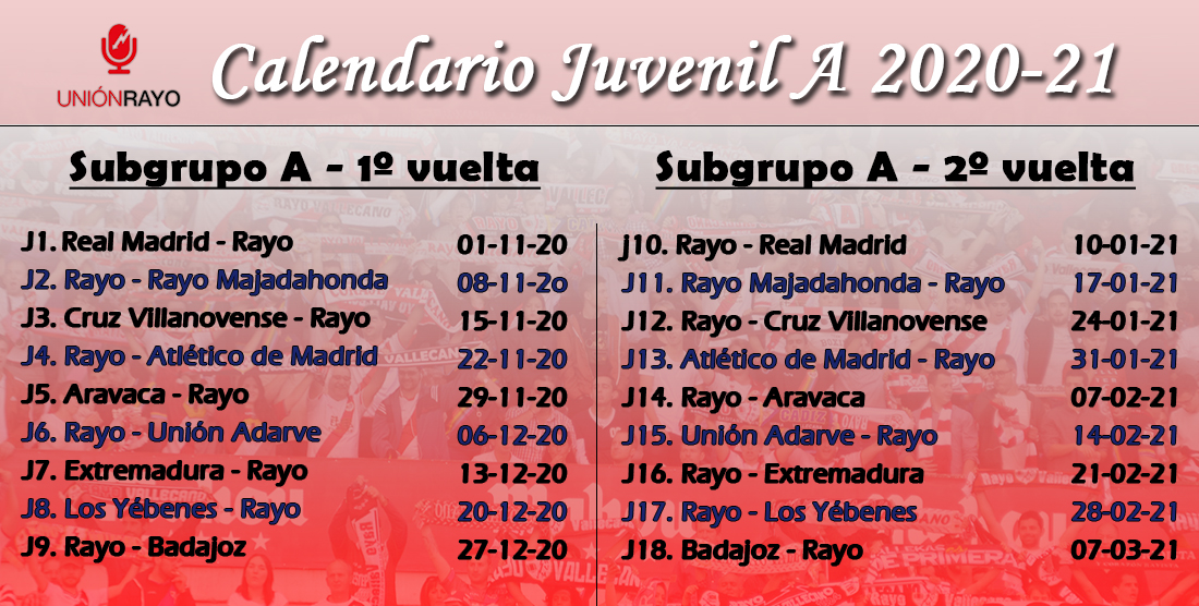 Calendario Rayo Vallecano Juvenil A 2020-2021 1 calendario juvenil a subgrupos