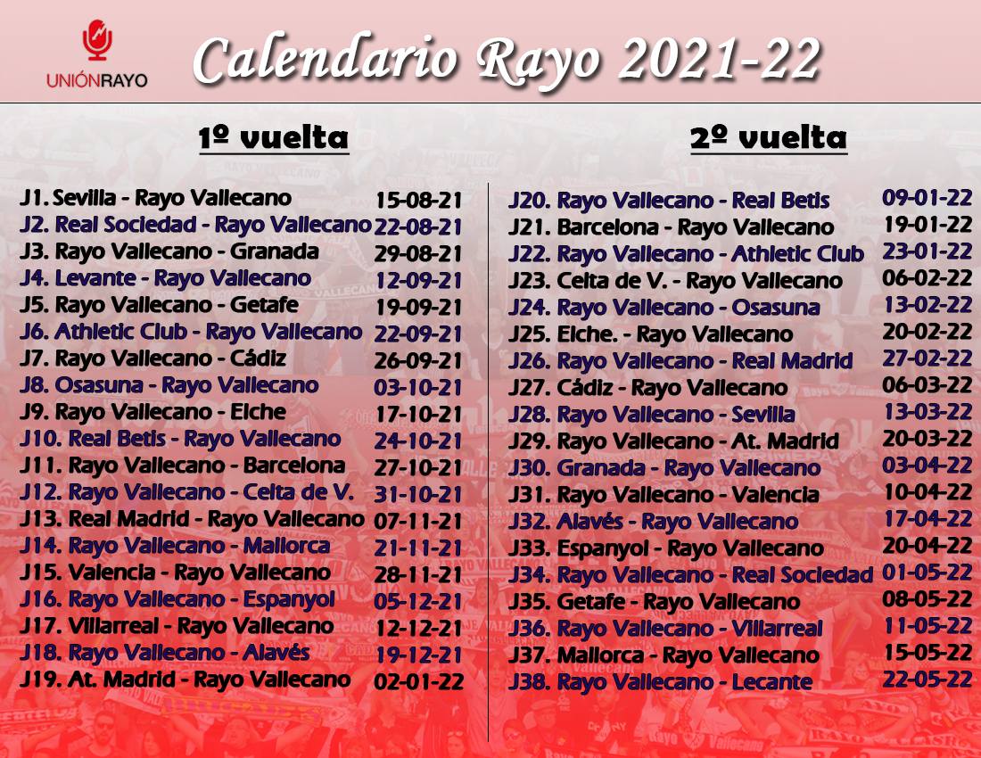 Calendario del Rayo Vallecano 2021-2022 en LaLiga Santander 1 calendario primera 2