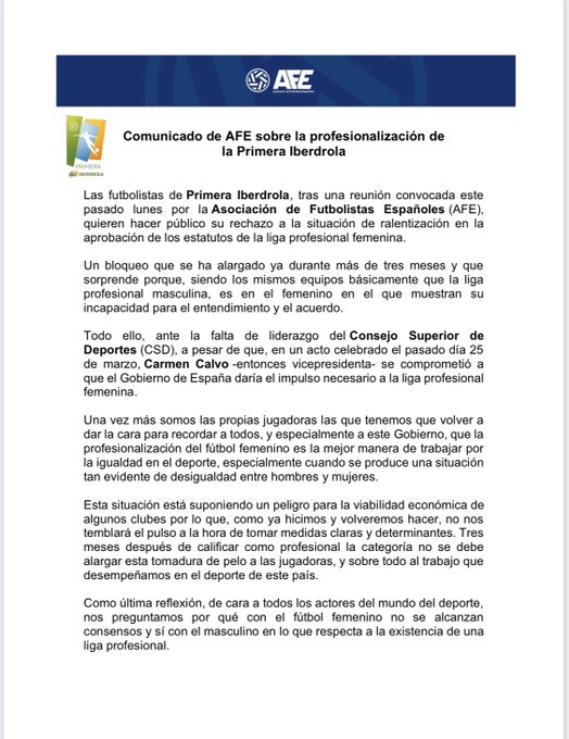 Las jugadoras de la Primera Iberdrola: "No nos temblará el pulso a la hora de tomar medidas claras y determinantes" 2 COMUNICADO AFE