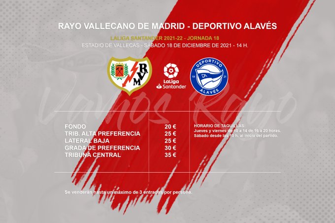 Entradas para el Rayo Vallecano - Deportivo Alavés: precios de 20-35 euros 2 entradas
