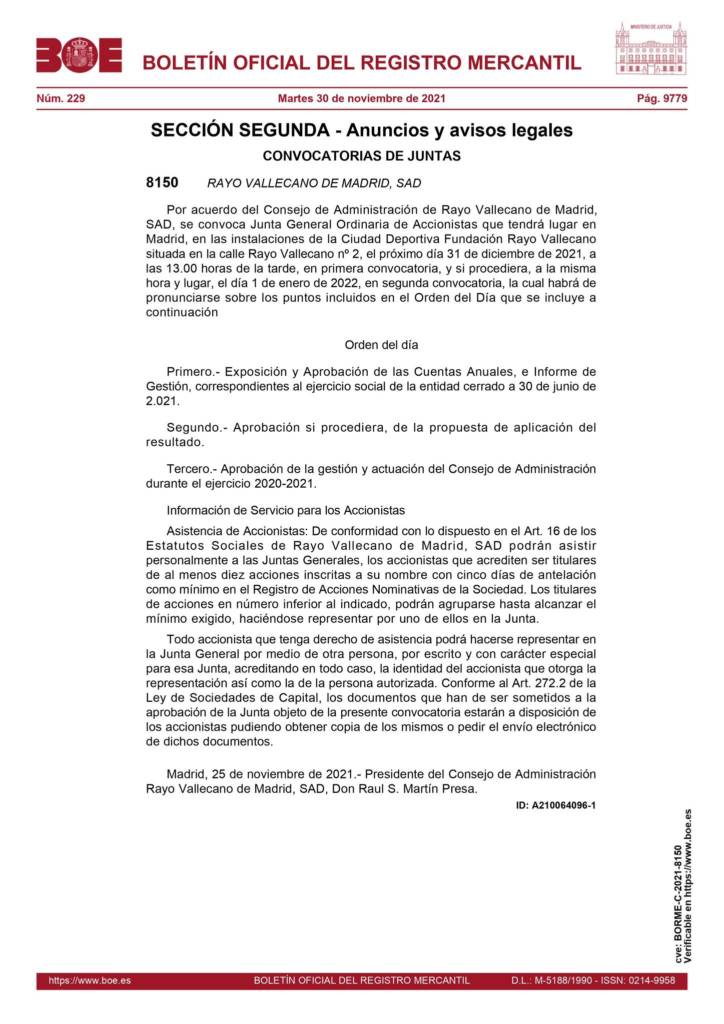 El Rayo Vallecano vuelve a convocar la Junta de Accionistas el 31 de diciembre 2 img 1093