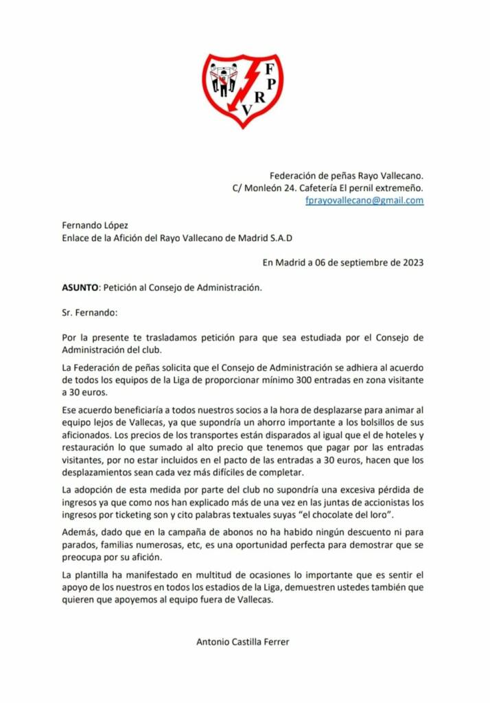 La Federación de Peñas solicita al Rayo Vallecano que se adhiera al acuerdo de las entradas visitantes en LaLiga 2 F5ZzaJrXwAAleCi
