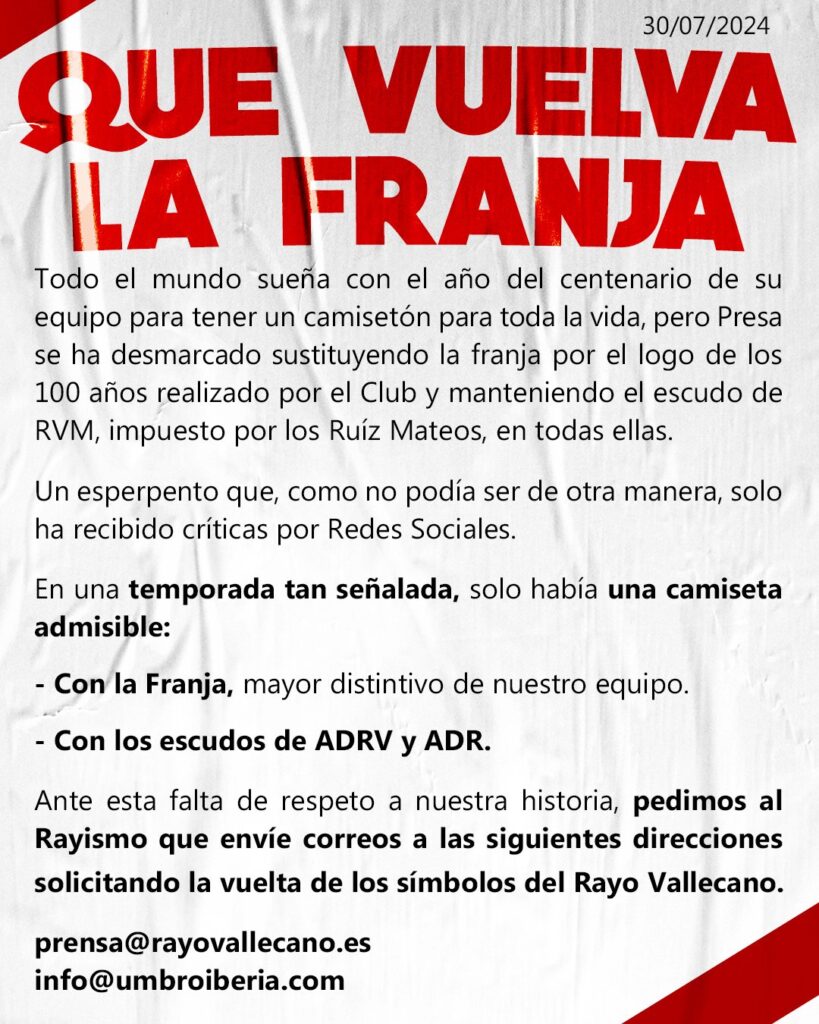 Comunicado de Plataforma ADRV ante las nuevas equipaciones: "Que vuelva la Franja" 2 Comunicado Bukaneros