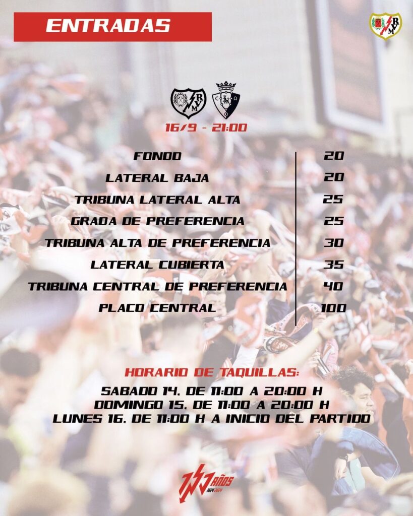 Entradas para el Rayo Vallecano-Osasuna de la jornada 5 2 20240913 1742514551670075782269623