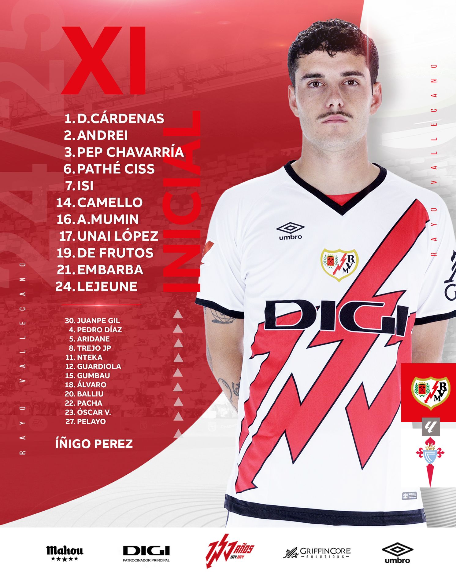 Once del Rayo Vallecano ante el Celta, jornada 19 2 20250110 1956174345581719711076468