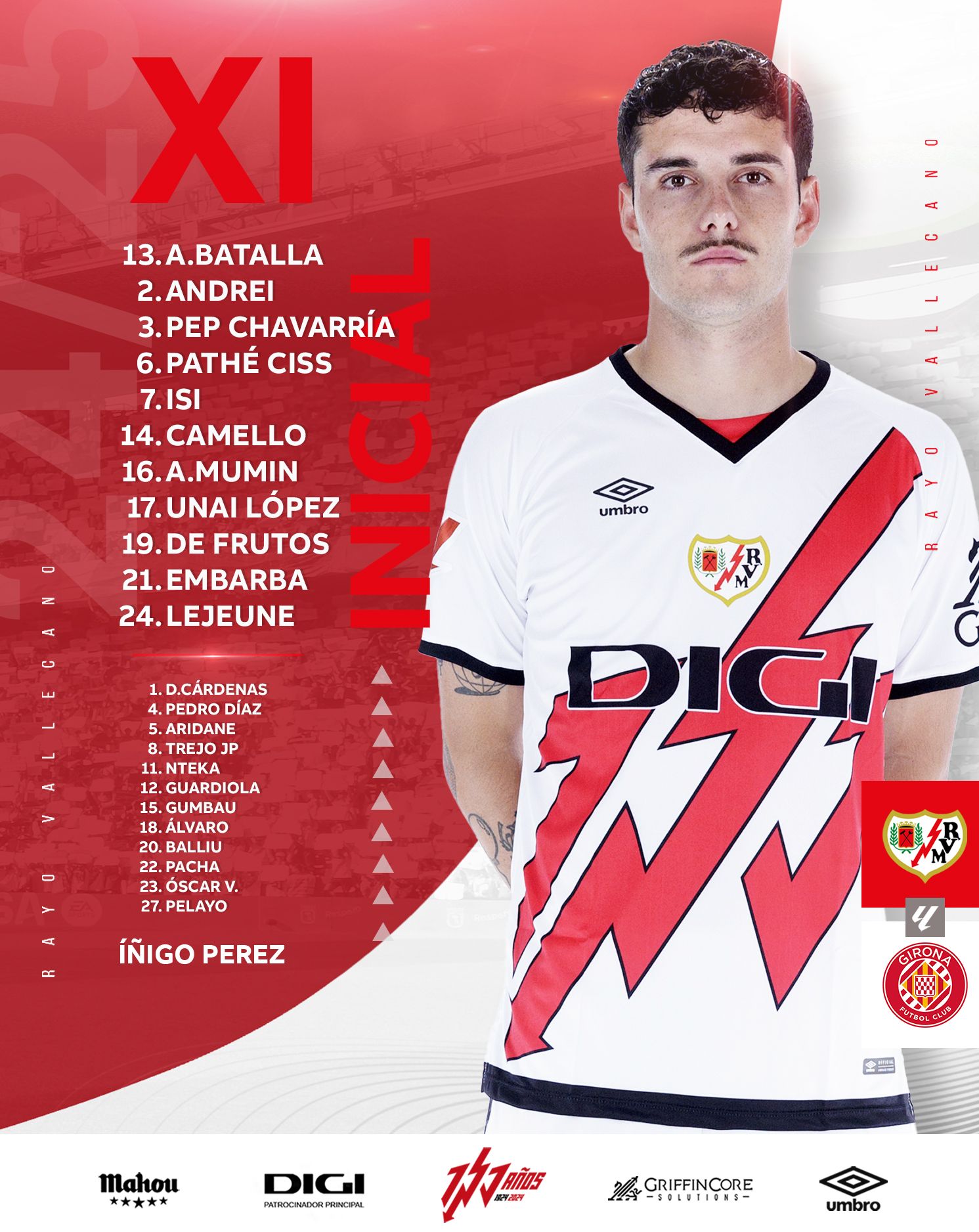 Once del Rayo Vallecano ante el Girona, jornada 21 2 20250126 1254512357012656938065213