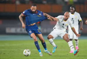 ABIDJAN, IVORY COAST - JANUARY 14: Denis Frimpong Odoi of Ghana and Tiago Manuel Dias Correia of Cape Verde during the TotalEnergies CAF Africa Cup of Nations group stage match between Ghana and Cape Verde at on January 14, 2024 in Abidjan, Ivory Coast. 