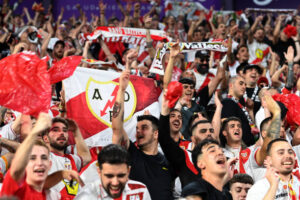 VALLADOLID, SPAIN - OCTOBER 5: Supporters of Rayo Vallecano during the LaLiga EA Sports match between Real Valladolid v Rayo Vallecano at the Estadio Nuevo Jose Zorrilla on October 5, 2024 in Valladolid Spain (Photo by Cesar Ortiz/Soccrates/Getty Images)