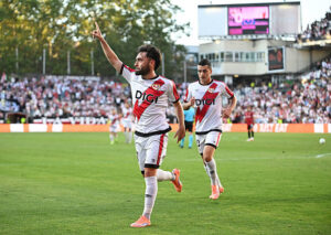MADRID, SPAIN - OCTOBER 02: Unai Lopez of Rayo Vallecano celebrates scoring his team's first goal during the UEFA Conference League 2025/26 League Phase MD1 match between Rayo Vallecano de Madrid and KF Shkendija at Estadio Vallecas on October 02, 2025 in Madrid, Spain. (Photo by Denis Doyle/Getty Images)