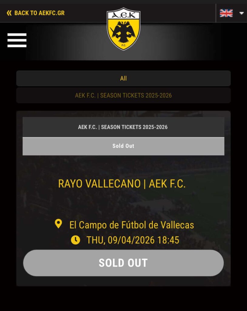 Los aficionados del AEK de Atenas agotan las entradas visitantes para su visita a Vallecas 3 AEK Atenas entradas SOLD OUT